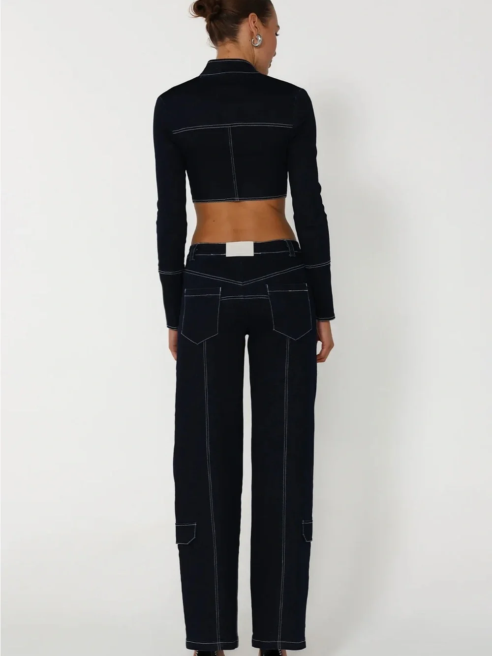 NWT BY.DYLN Cole Pants Dark Blue Denim Cargo Pants Contrast Stitch Relaxed Fit